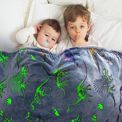 Glow in The Dark Dinosaur Blanket for Boys Girls Kids Cute Dino Throw Blankets for Couch, Kids Fleece Blankets, Soft Warm Plush Dinosaur Toddler Blanket Luminous
