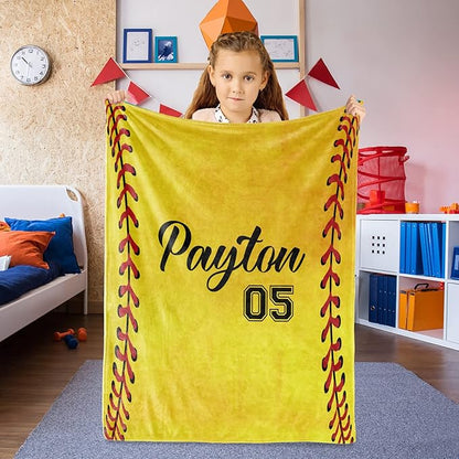 Personalized Softball Kids Blanket with Naumber and Name - Custom Sport Bed Blankets Gift for 0-3 Months Baby Essential - Super Warm and Comfortable 60x80inch