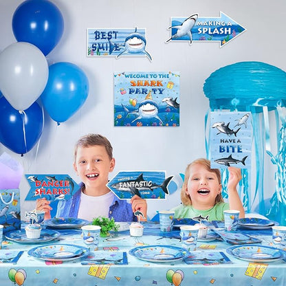 WERNNSAI 10Pcs Shark Birthday Party Decorations - Blue Shark Sign Party Decoration for Under The Sea Party Supplies Ocean Animal Party Sign Poster for Birthday Holiday Party Favors