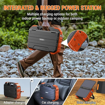 BROWEY Portable Power Station, 1000W Solar Generator with Built-in Solar Panel, 614WH/192000mAh LiFePO4 Battery Pack, AC/DC/USB/PD Outputs, for Outdoor Camping, RV Travel, Emergency Preparedness