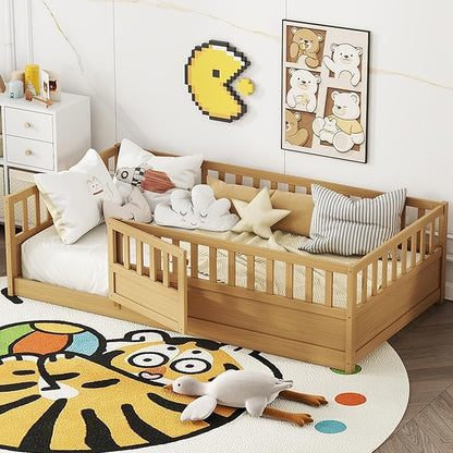 Bellemave Twin Floor Bed with Slats and High Fence, Twin Size Montessori Floor Beds with Door, No Box Spring Needed, Easy Assemble Montessori Bed Frame(Natural Twin)