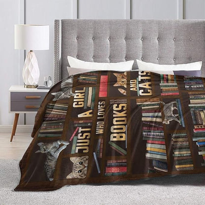 Cute Cat Blanket Just a Girl Who Loves Books and Cats Throw Blankets for Kids Teens Adults Warm Soft Lightweight Plush Funny Animal Print Fleece Flannel Throws Bedding Reading Gifts for Girls 60"x50"