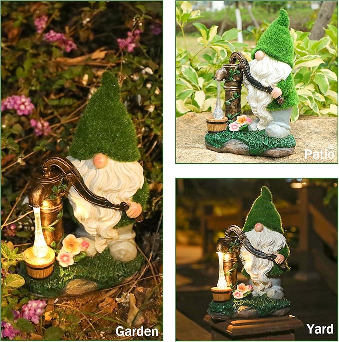Garden Gnome Statue, Resin Pressurized Well with Water Gnome Figurine with Solar Lights for Porch Patio Yard Outdoor Decor