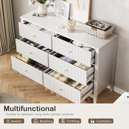 White Dresser for Bedroom, 6 Drawers Fluted Chest of Drawers with Storage, Modern Wide Storage Dresser with Paint Design, Wood Drawer Organizer White Dressers for Hallway, Entryway