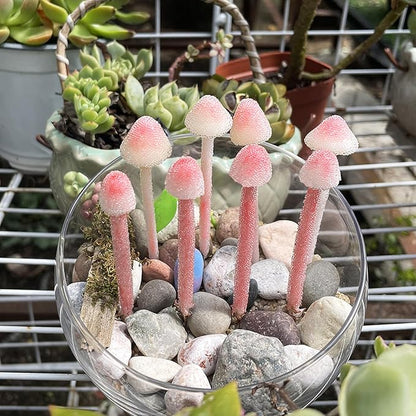 Handmade Glittery Pink Resin Clay Mini Mushrooms - 8Pcs Fairy Garden Decor with Frosted Beads, Miniature Terrarium Ornaments & Desk Plant Accessories Holiday Ornaments & Desktop Decorations
