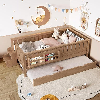 Bellemave Twin Bed with Trundle Twin and Stairs, Twin Size Platform Bed Frame with Fence and Bookshelf, Easy Assemble Beds for Kids, Girls, Boys, Natural