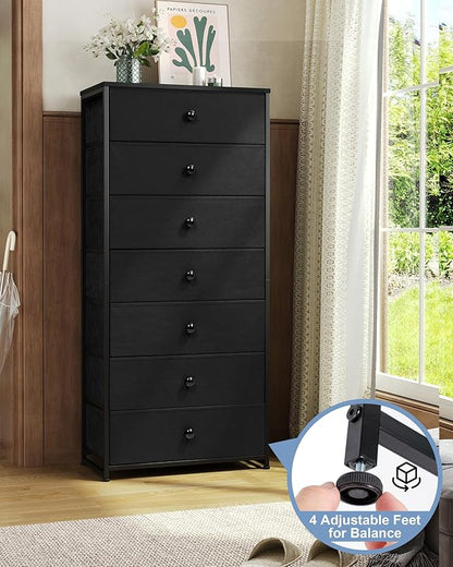 Crestlive Products Tall Dresser, 7-Drawer Wide Fabirc Storage Tower, Chests of Drawers - Vertical Organizer Unit for Bedroom, Hallway, Entryway, Nursery, Wood Top, Closets with Handles (Black)