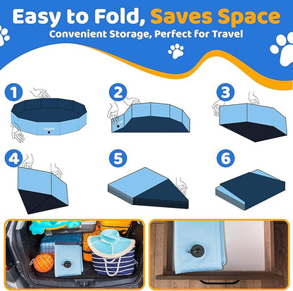 79" x 12" Foldable Dog Pool - Collapsible Hard Plastic Kiddie Pool for Dogs & Kids, Non-Slip Pet Bath Tub for Outdoor Backyard Use, Lightweight & Portable (Blue)