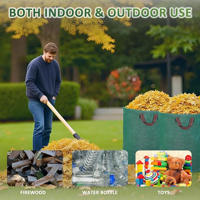 Hugeleaf 3 Pack Reusable Yard Waste Bags, 132 Gallon Extra Large Heavy Duty Lawn and Leaf Bags with Reinforced Handles, Standable Yard Bags for Lawn Leaves and Waste Collection