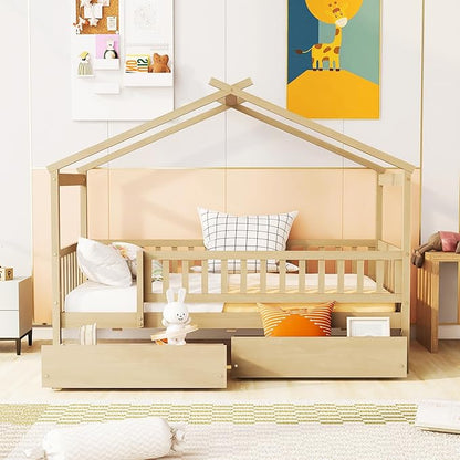 Merax Twin Size Wooden House Bed with Two Drawers, Wood Bed Frame with Roof and Safety Guardrail for Kids, Teens, Boys or Girls, Natural