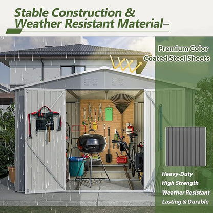 10×10 FT Outdoor Storage Shed,Metal Aluminum Waterproof Tool Sheds with Foundation,Doors & Vents,Heavy-Duty Sheds Unit W/Lock & Key,for Storing Bicycles,Lawnmowers,Barbeques,Gray