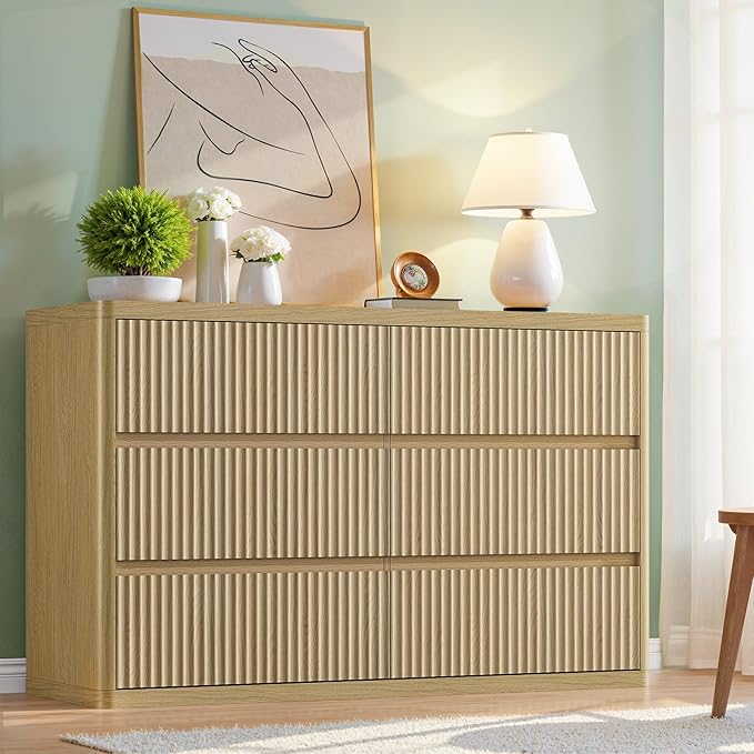 Natural 6 Drawers Dresser for Bedroom, 48" Wide Wood Chest of Deep Drawers with Curved Profile, Handleless, Modern Fluted Dresser TV Stand, Storage Closet Drawer Organizer for Bedroom