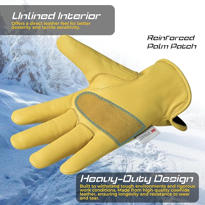 3 Pair Winter Heavy Duty Leather Work Gloves for Men & Women – Water-Resistance, Cowhide Construction & Yard Leather Gloves – Puncture Resistant Safety Gloves for Landscaping & Outdoor Use (S)