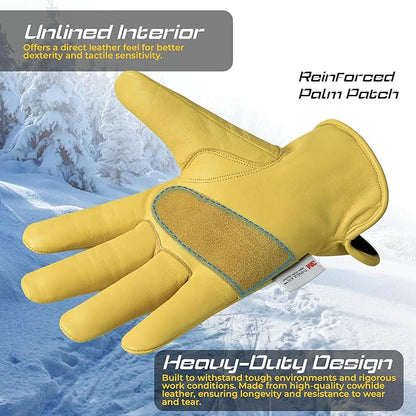 3 Pair Winter Heavy Duty Leather Work Gloves for Men & Women – Water-Resistance, Cowhide Construction & Yard Leather Gloves – Puncture Resistant Safety Gloves for Landscaping & Outdoor Use (S)