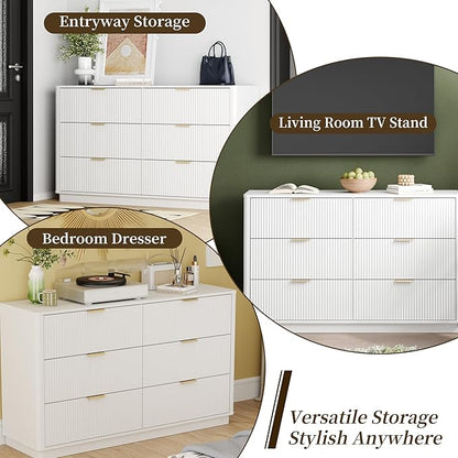 Fluted Dresser for Bedroom with 6 Drawers, 54" Wide Modern Chest of Drawers with Lighting, Wooden Dresser TV Stand with Curved Edges, Closet Organizer for Living Room, Hallway,White