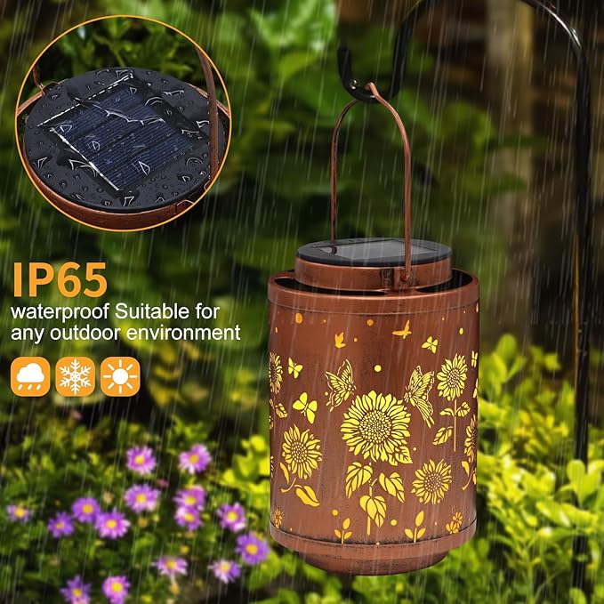 Solar Outdoor Lanterns, Butterflies Garden Decor LED Light Hanging Waterproof Metal Lanterns for Patio, Pathway, Yard
