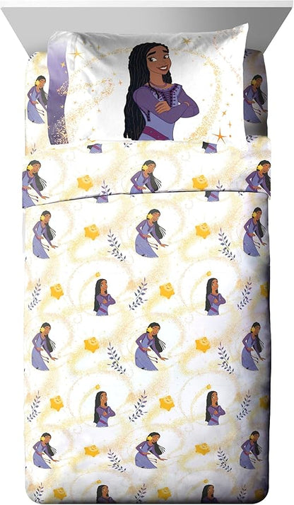 Jay Franco Disney Wish Twin Comforter Set - 5 Piece Bed Set Includes Sheet Set & Pillow Covers - Super Soft Kids Bedding Features Asha, Valentino & Star