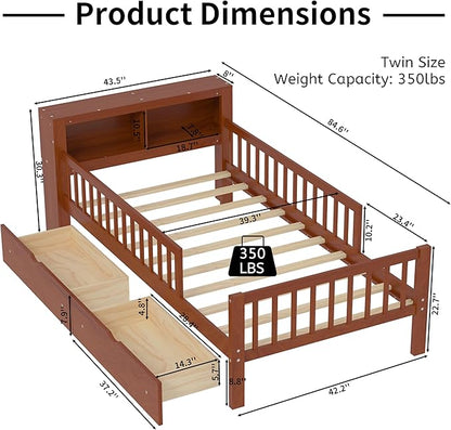 Wood Twin Size Platform Bed with Safety Fence for Kids Boys Girls, Platform Bed Frame with Practical Headboard and 2 Under-Bed Drawers, Sturdy Slats Support (Walnut-3.15)