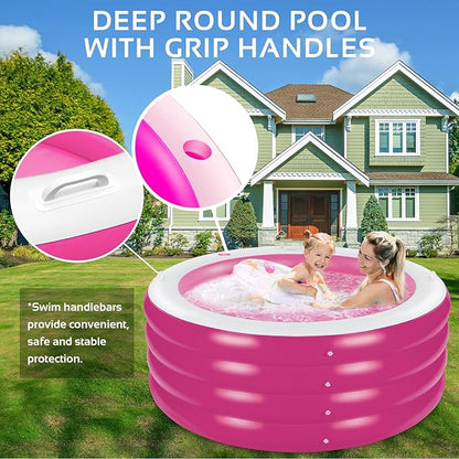 Inflatable Pool with Seating,Four-Tier 72” x 27”Inflatable Swimming Pool with Drink Holder Handles, Summer Family Water Park,Backyard Family Pool, Garden (Pink)