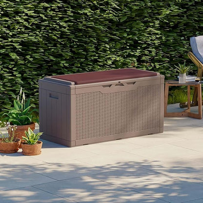 Patiolife 100 Gallon Resin Deck Box with Cushion, Large Outdoor Storage Box for Garden Tools, Pool Supplies, Waterproof and Lockable, Dark Brown