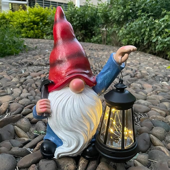 Garden Gnome Outdoor Decoration with Hammer Solar Gnomes Figurines with Lantern LED Lights Yard Lawn Patio Porch Decoration Gift for Woman Mother's Day Birthday Housewarming Gifts
