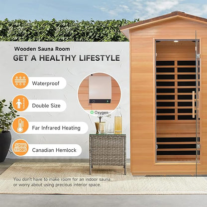 Outdoor Sauna Far Infrared Saunas Dry Sauna Room Canadian Hemlock Wood Wooden Sauna Spa 1950W Low-EMF with Cup Holder and Towel Rack for Two Person 47 * 39 * 82inch