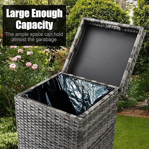 VINGLI Wicker Patio Trash Can, 27 Gallon Rattan Trash Can with Removable Lid, Outdoor Wicker Waste Basket, Wast Container (Grey)