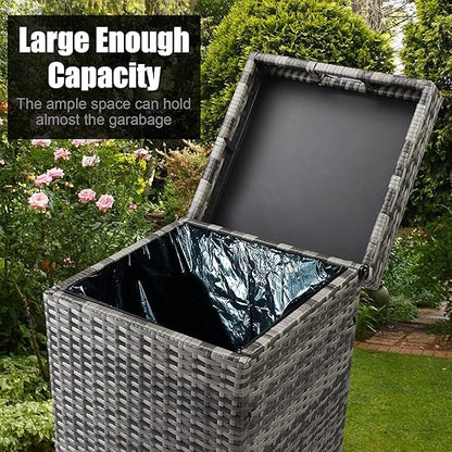 VINGLI Wicker Patio Trash Can, 27 Gallon Rattan Trash Can with Removable Lid, Outdoor Wicker Waste Basket, Wast Container (Grey)