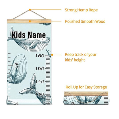 Personalized Kids Name Growth Chart Ruler for Wall Wood Frame Height Measure Chart 13.4x56 in Linen Hanging Height Growth Chart Ocean Dolphin Fish Kids Room Decor