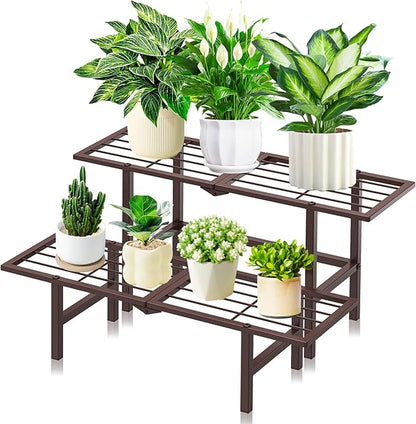 Plant Stand Indoor Outdoor, 2-Tier Foldable Metal Ladder Plant Stands, Stackable Metal Plant Shelf Decorative Flower Pot Holder Display Rack for Garden Living Room Patio,Brown