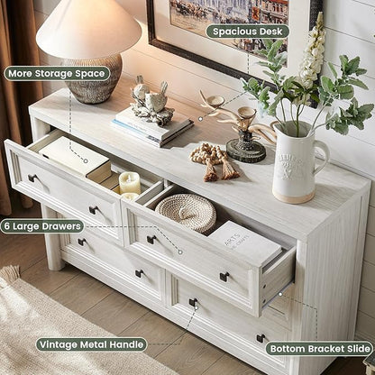 Farmhouse 6 Drawers Dresser for Bedroom, White Dressers, 52" Wide Rustic Wood Chest of Drawers with Natural Texture, Metal Handle, Storage Closet Dressers for Bedroom, Living Room