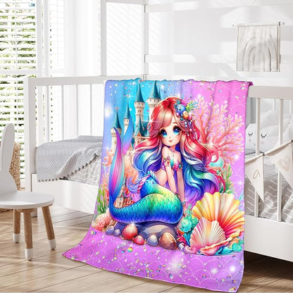 Girls Mermaid Blanket, Throw for Toddlers Kids Mermaid Lovers 30x40 Inches Lightweight Soft Cute Throw Blankets for Sofa Couch Bed Trip