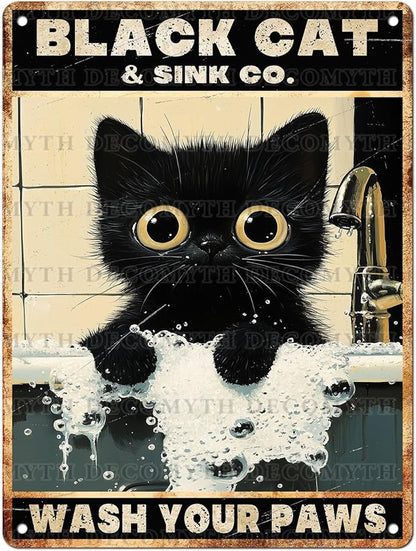 Vintage Black Cat Tin Sign Wash Your Paws Retro Wall Decor Decorations for Home Funny Cats Lovers Poster Indoor Store Cafe Toilet Bathroom Restroom Bar Pubs Farmhouse Farm Shop 12 * 16inch