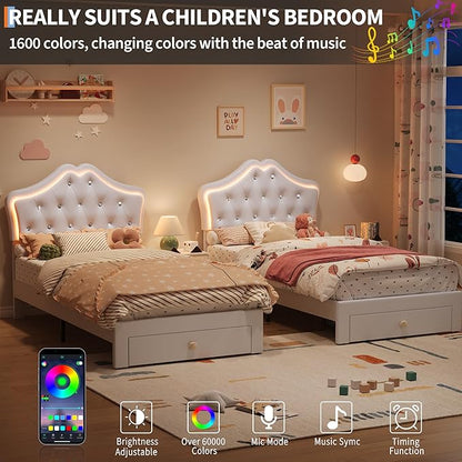Garvee Twin Size Bed Frame with LED Lights & Velvet Crystal Button Headboard, Upholstered Boy/Girl Platform Bed with Storage Drawer, Noise Free, No Box Spring Needed for Kids, Teens, Beige