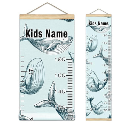 Personalized Kids Name Growth Chart Ruler for Wall Wood Frame Height Measure Chart 13.4x56 in Linen Hanging Height Growth Chart Ocean Dolphin Fish Kids Room Decor