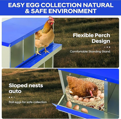 Durable Blue Finish - Metal Chicken Nesting Box for Small Animals - 8 Compartments, Galvanized Steel, Wall-Mounted Egg Laying Box, Easy Egg Collection & Cleaning, Roll Away Poultry Nest - Blue,