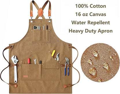 AFUN Work Aprons for Men with Large Pockets, Cotton Canvas Cross Back Heavy Duty Adjustable Tool Apron, Size M to XXL (Brown)