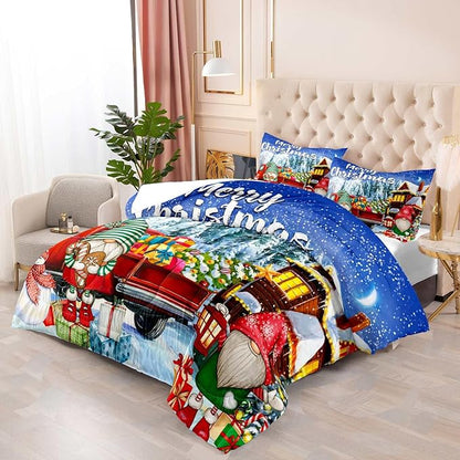 LUVIVIHOME 2PCS Merry Christmas Comforter Set Twin Size, Teens Boys Girls Kids Bedding, Cute Snowman Gnome Red Truck Winter Snowflake Happy New Year Christmas Bedroom Decor, Xmas Gifts, 1 Pillow Sham