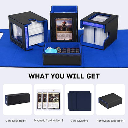 Marsguard Trading Card Deck Box with Commander Display，4 in 1 MTG Storage Holds 300+ Double-Sleeved Cards，3 Deck Boxes & Dice Tray Included，Fits MTG, TCG, PTCG & Sports Cards
