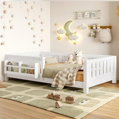 Bellemave Twin Floor Bed with Slats and Safety Guardrail, Twin Size Montessori Floor Bed with Fence and Built-in Bookshelf, Easy Assemble Montessori Beds for Kids, Girls, Boys, White