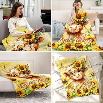 Personalized Highland Cow Stuff for Kids - 30" x 40" Inches Cute Highland Cow Blanket Throw Blanket - Yellow Lightweight Cozy Blankets for Sofa, Lap & Office
