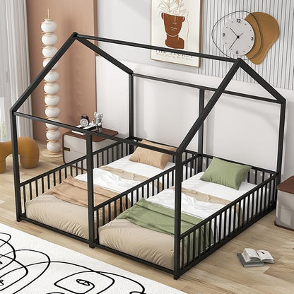 Harper & Bright Designs Metal Twin Size House Platform Bed Frame for Boys Girls Kids Adults Toddler, Two Shared Beds, Black