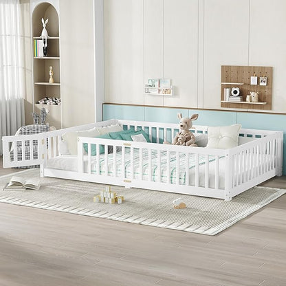 Harper & Bright Designs Queen Floor Bed Frame with Safety High Fence, Wood Montessori Beds with Door, Floor Bed Queen with Solid Wood Support Slats for Boys, Girls, Kids, White