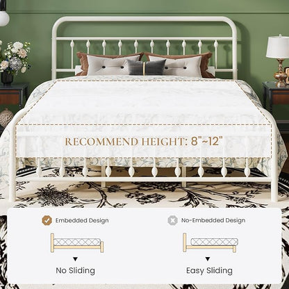 SHA CERLIN King Size Metal Platform Bed Frame with Victorian Style Iron-Art Headboard and Footboard, Easy Assembly, Under Bed Storage, No Box Spring Required, White