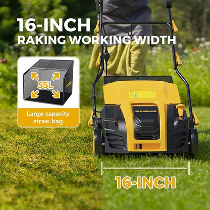 EVEAGE 16-Inch 15 Amp Electric Dethatcher & Scarifier, 2-in 1 Thatcher for Lawn with 5-Position Depth Adjustment, 14.5gal Collection Bag, Increases Lawn Health