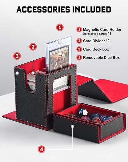 ZLCA MTG Commander Deck Box with Display Window, Deck Box Holds 100 Double-Sleeved with Dice Tray & 35pt Magnetic Card Holder（Black& Red）