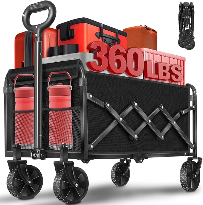 Wagons Carts Foldable, 360 Lbs with Adjustable Handle, Black Lightweight Portable, Collapsible Wagon for Camping, Shopping, Sports, Travel, Garage and Gardening Storage with Drink Holders