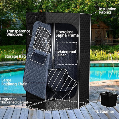 XL Portable Sauna Box, 4L Steamer Portable Steam Sauna for Home, Personal Sauna with Big Sauna Chair, Remote Control, Black, 1400W
