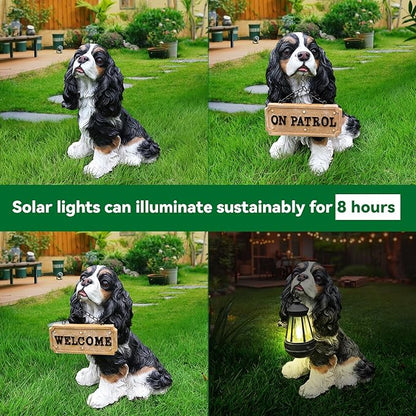 Cavalier King Charles Spaniel Outdoor Dog Statue with Reversible “Welcome/ON Patrol” Hanging Plaque and Solar Porch Lantern, Black & White Sitting