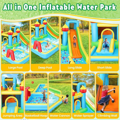AKEYDIY Inflatable Water Slide Bounce House for Kids 3-12, Mega Water Bounce House Park w/ 2 Slides, Splash Pool & Deep Pool, Basketball Hoop, Water Cannon, 8 in 1 Backyard Water Park with Blower